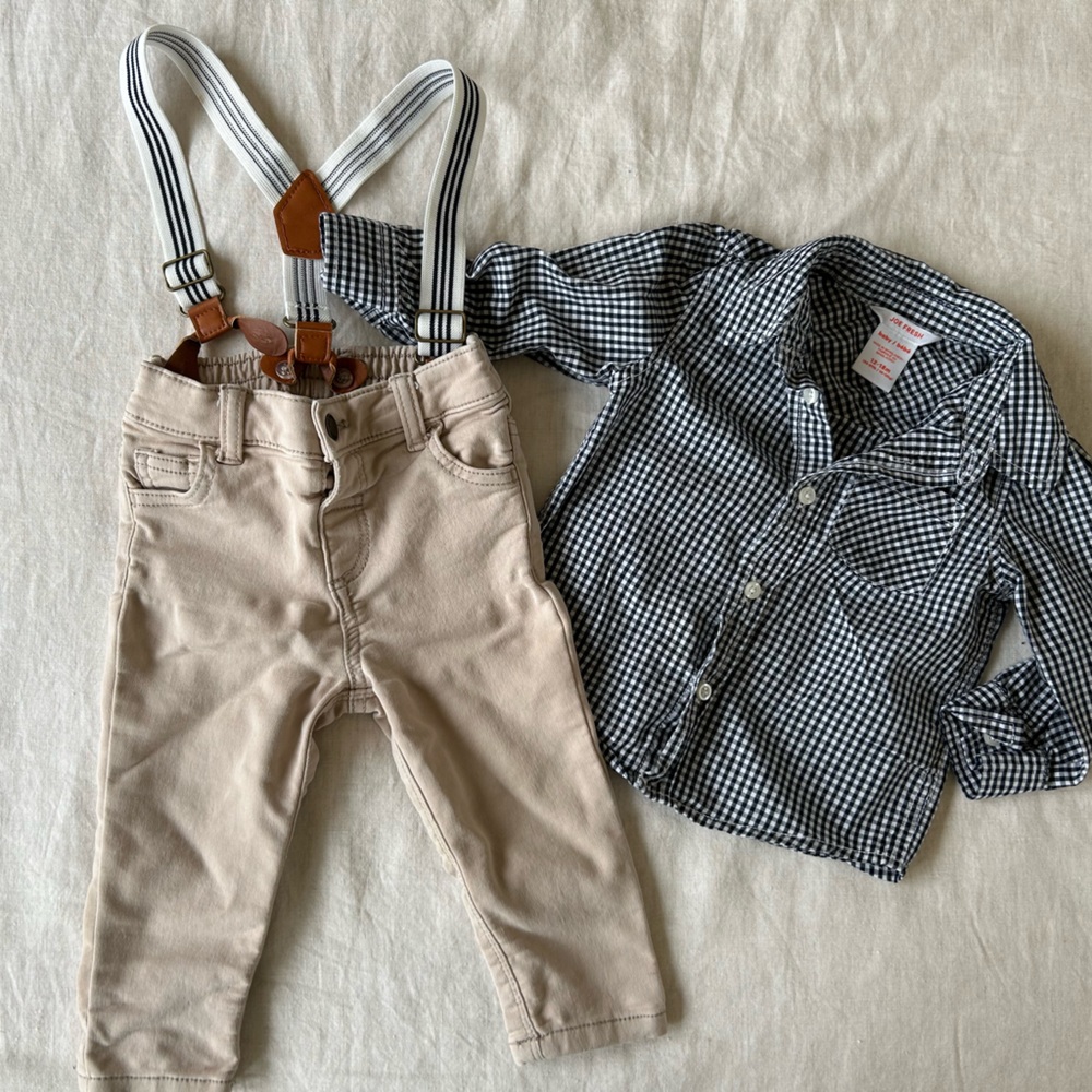 Joe Fresh Khaki Pants w/ Suspenders and Checked Dress Shirt - size 12-18 mo